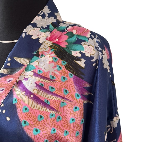 Vintage satin peacock kimono robe knee length blue pink OS - Picture 4 of 15